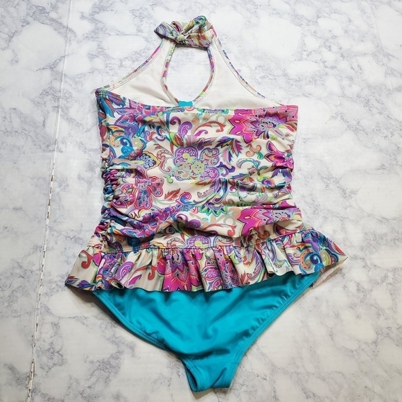 Lands'‎ End Swimsuit Girls 14 Paisley 1 piece Blue Pink Halter Beach - Picture 2 of 8